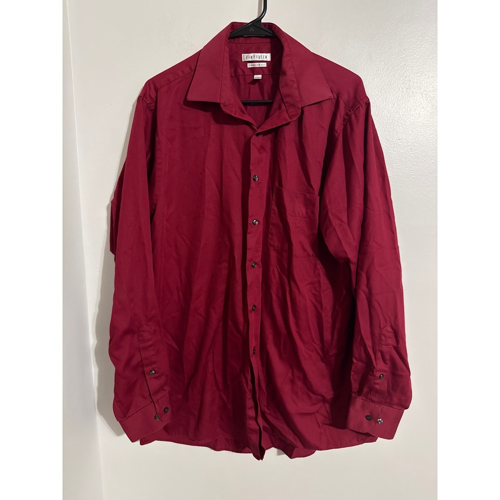 Van Heusen Mens Burgundy Red Lux Sateen Regular Fit Dress Shirt 16.5 34/35